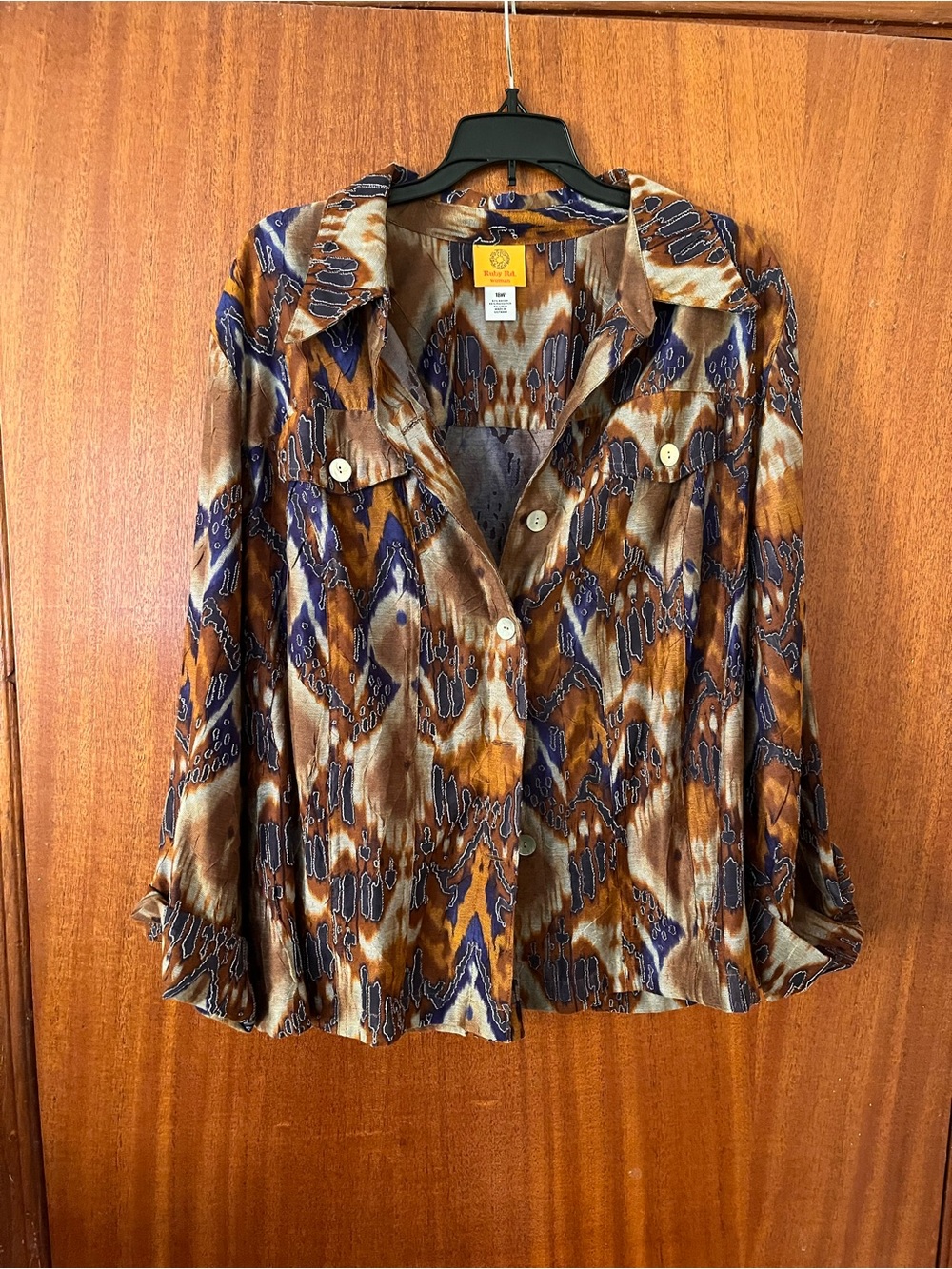 Ruby Rd. Abstract Button-Down Shirt Jacket in Brown & Blue